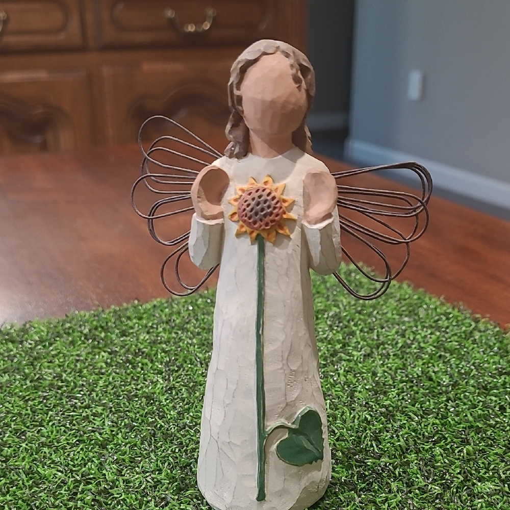Demdaco Cream and Green Angel Sculpture with Sunflower